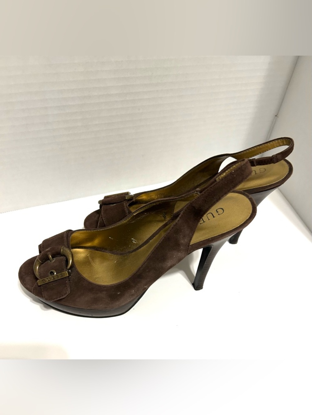 GUESS Brown Suede Slingback Peep-Toe Heels with Buckle
